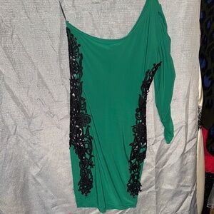 Elegant Green Dress with Black Lace Accents